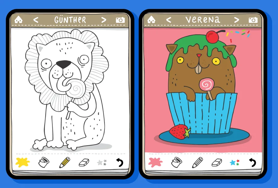 Links Günther, noch ganz ohne Farbe, rechts Verena im Cupcake-Kostüm, fertig gemalt.