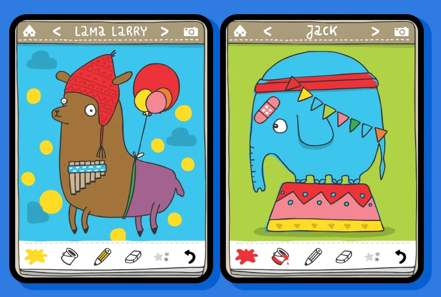 Lama Larry mit Zipfelmütze und Jack, der Elefant, mit Wimpelkette.