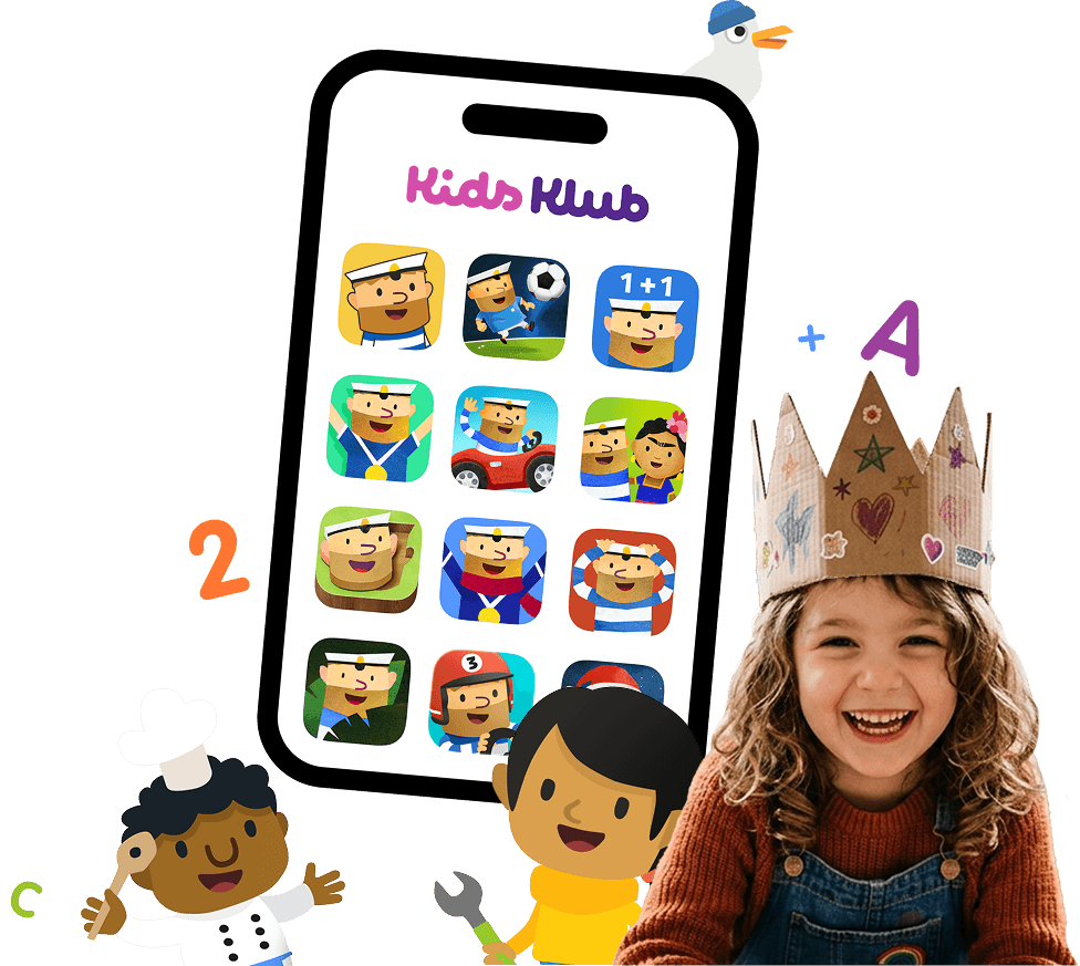 A collection of KidsKlub apps for children on a tablet
