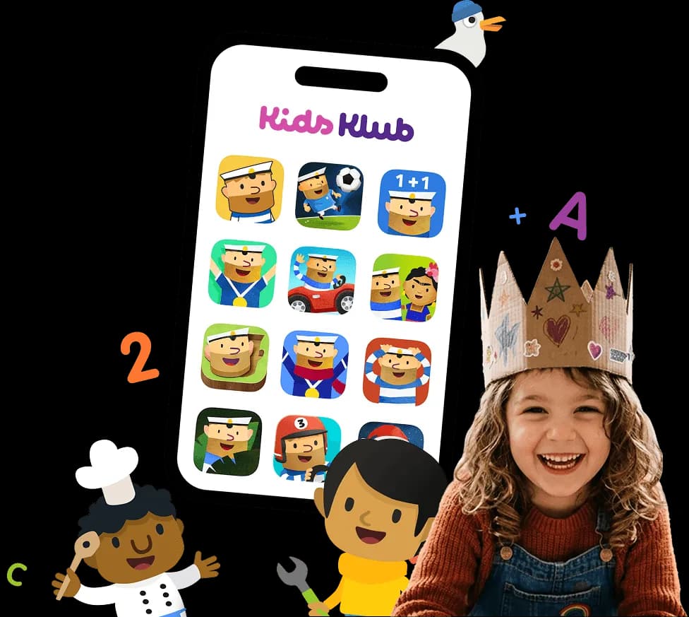 A collection of KidsKlub apps for children on a tablet
